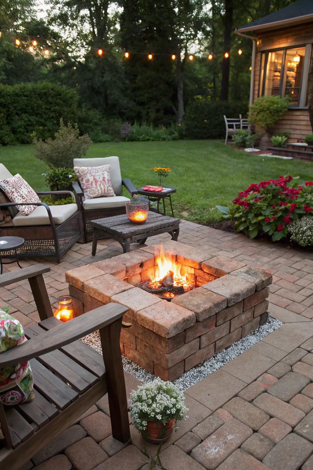 A small, inviting fire pit assembled from leftover bricks.