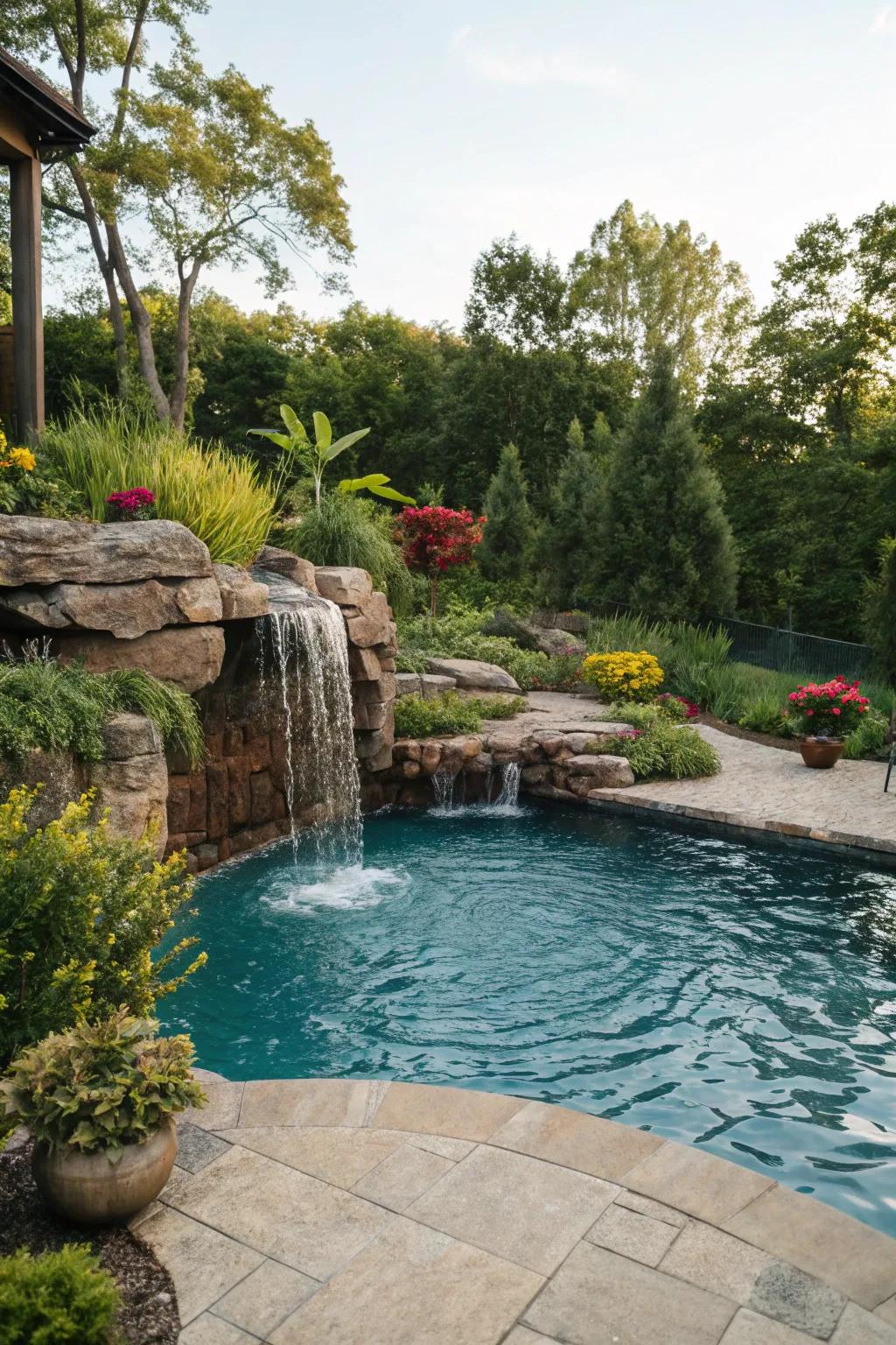An opulent pool featuring a flowing cascade.