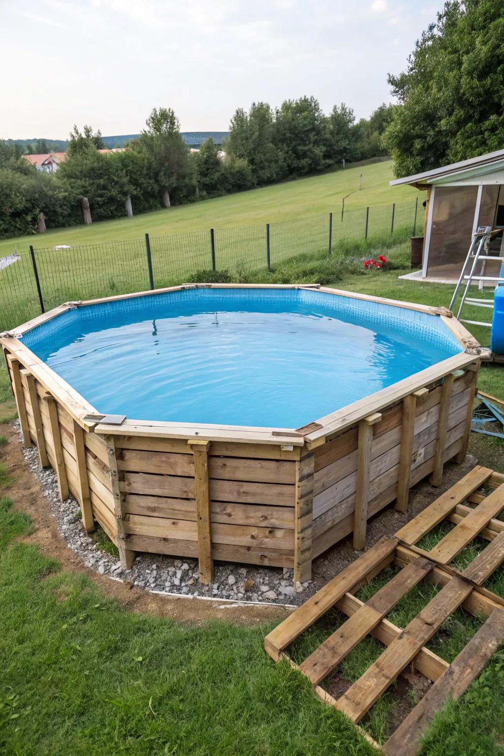 A creative pool border using recycled wood skids.