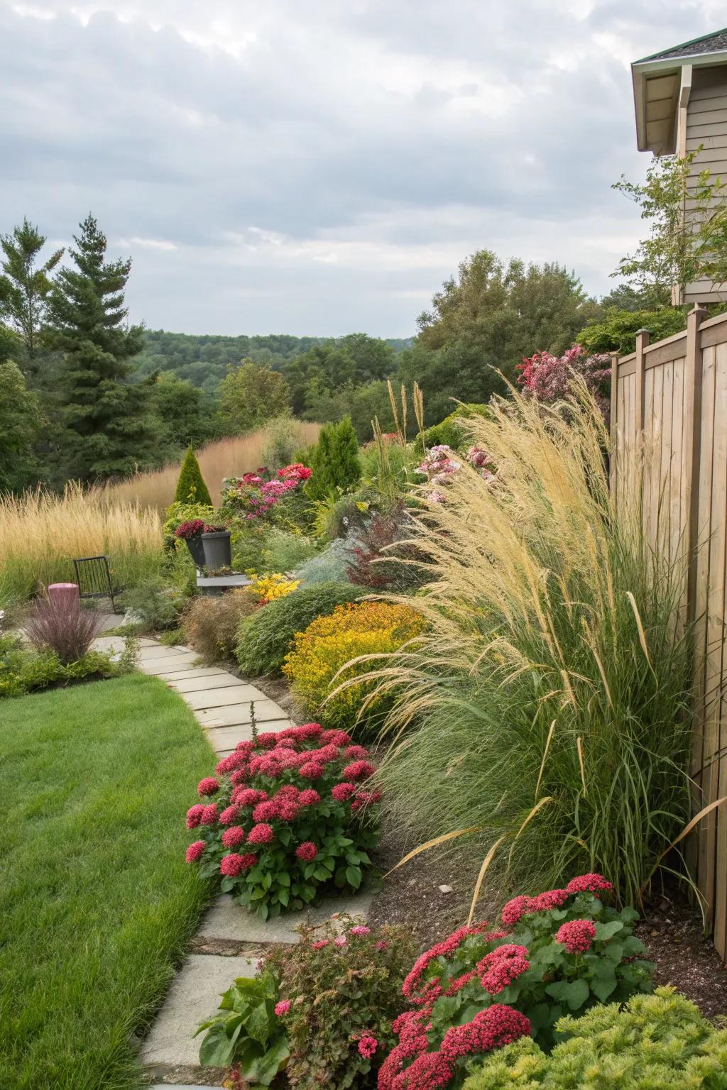 Stratified plantings provide dimension and seclusion to this garden.