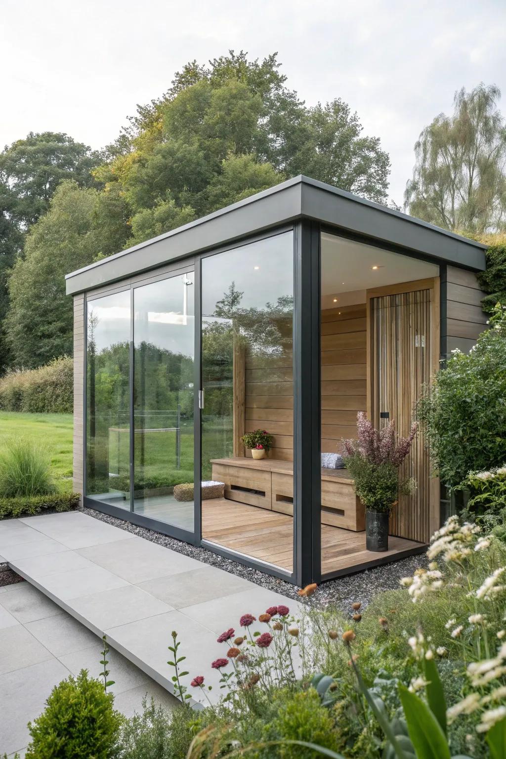 A modern glass retreat featuring panoramic views.