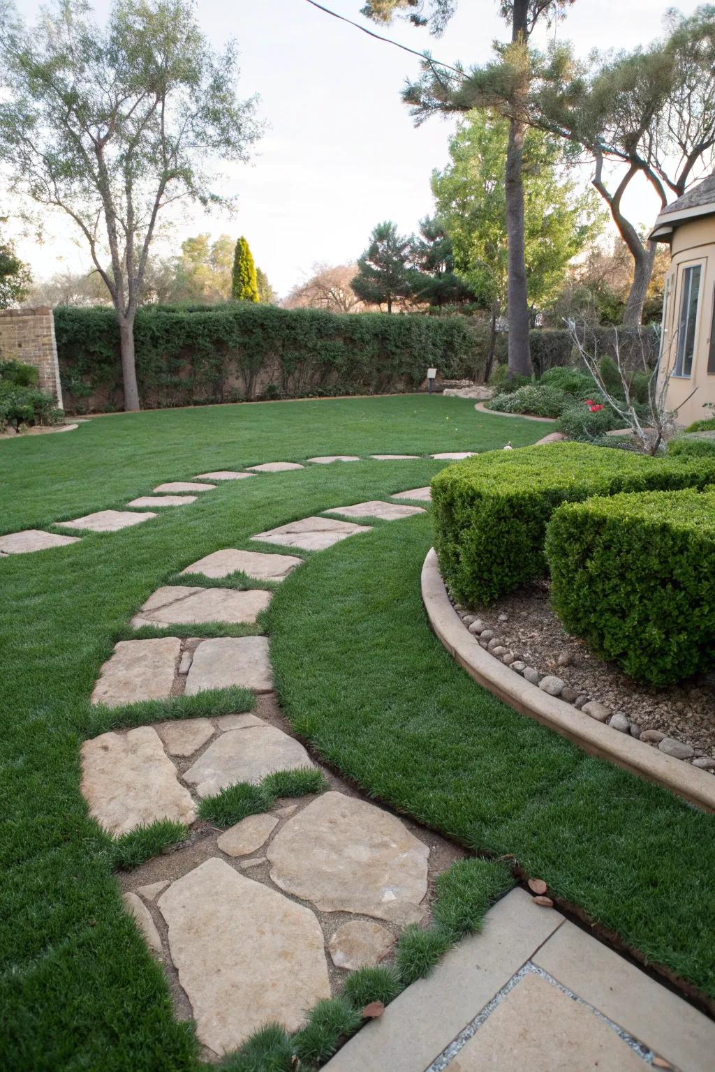 Sophisticated stone walkways winding through artificial turf.