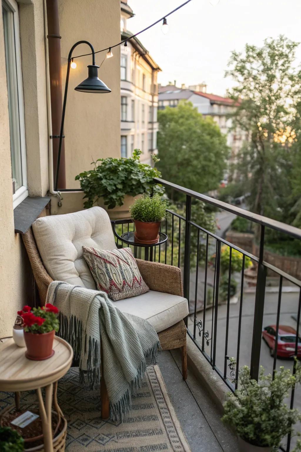 A cozy seating nook furnished with soft textiles encourages relaxation on your balcony.
