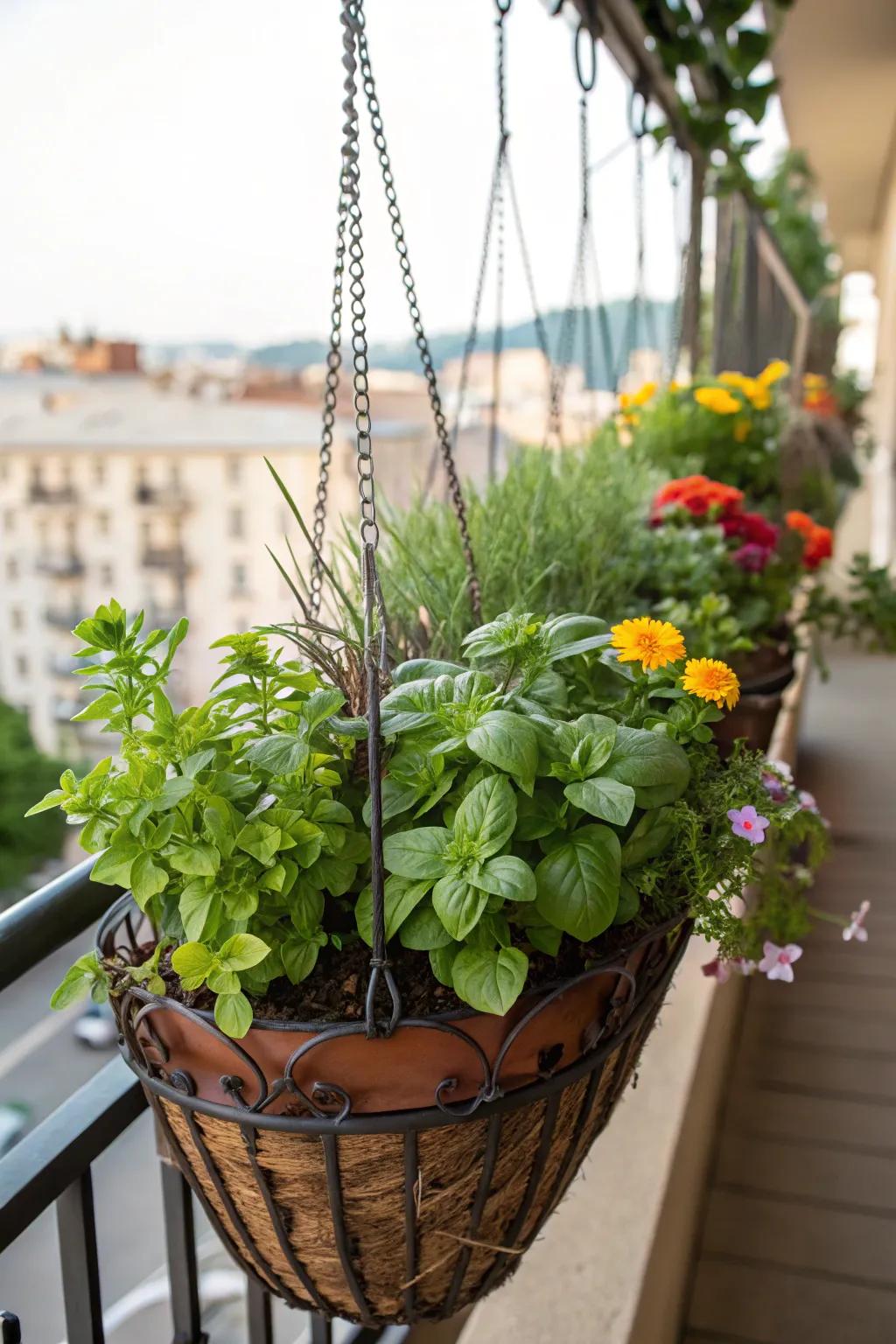 Hanging baskets provide an attractive way to cultivate herbs, saving valuable ground space.