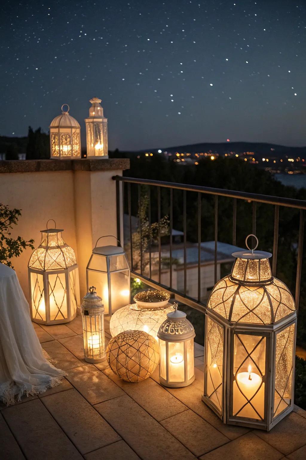 Lanterns offer an intimate and romantic lighting choice for balconies.