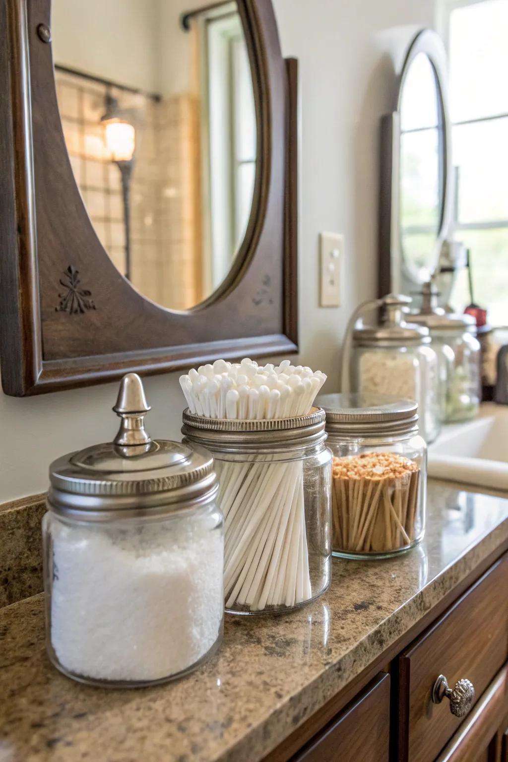 An elegant lavatory organizing strategy utilizing canning jars.