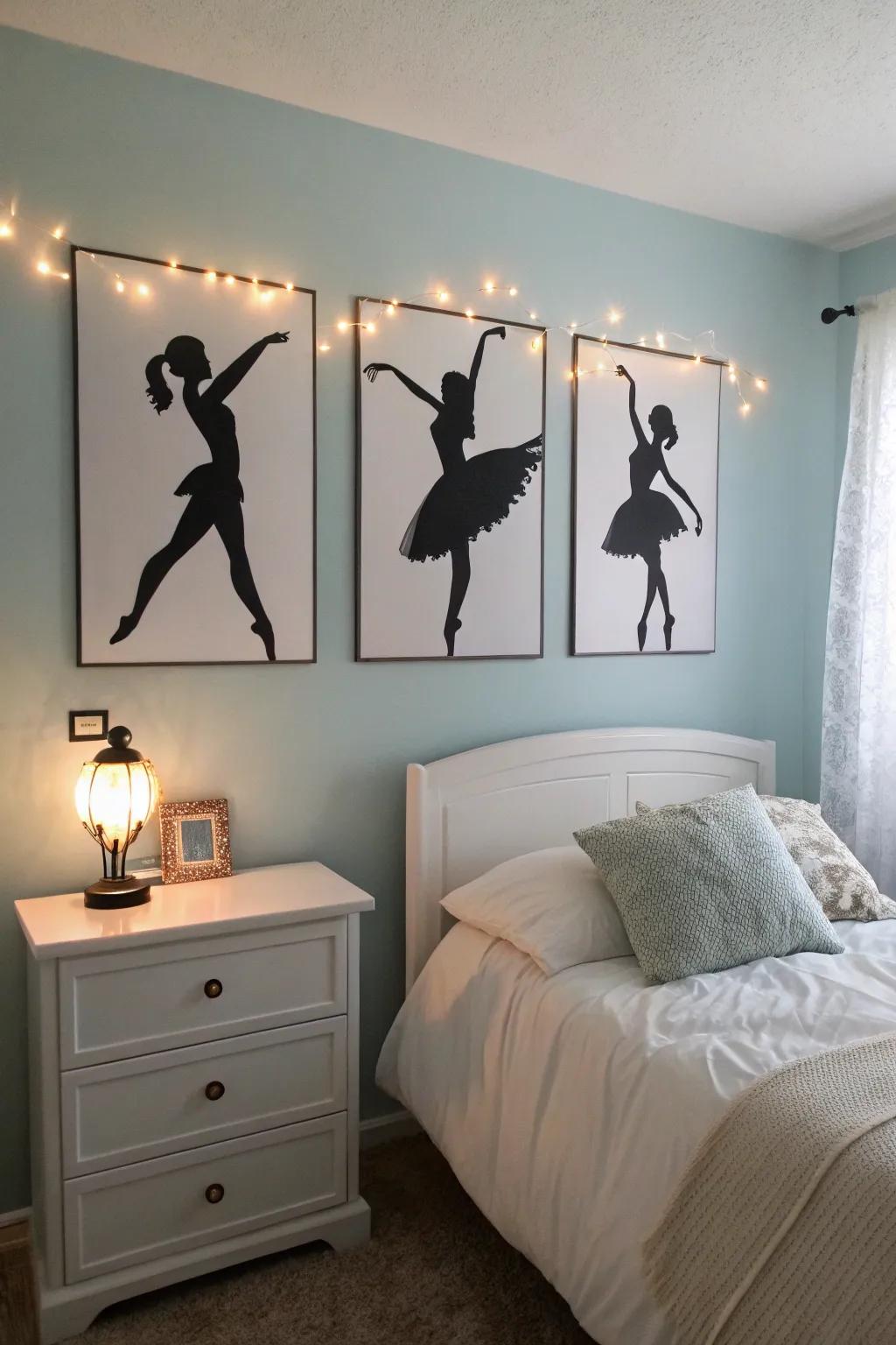 Ballerina artwork brings elegance and inspiration to the decor.