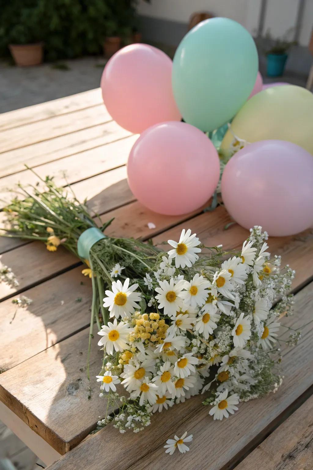 A stunning blend of balloons and natural blossoms creates a captivating centerpiece.