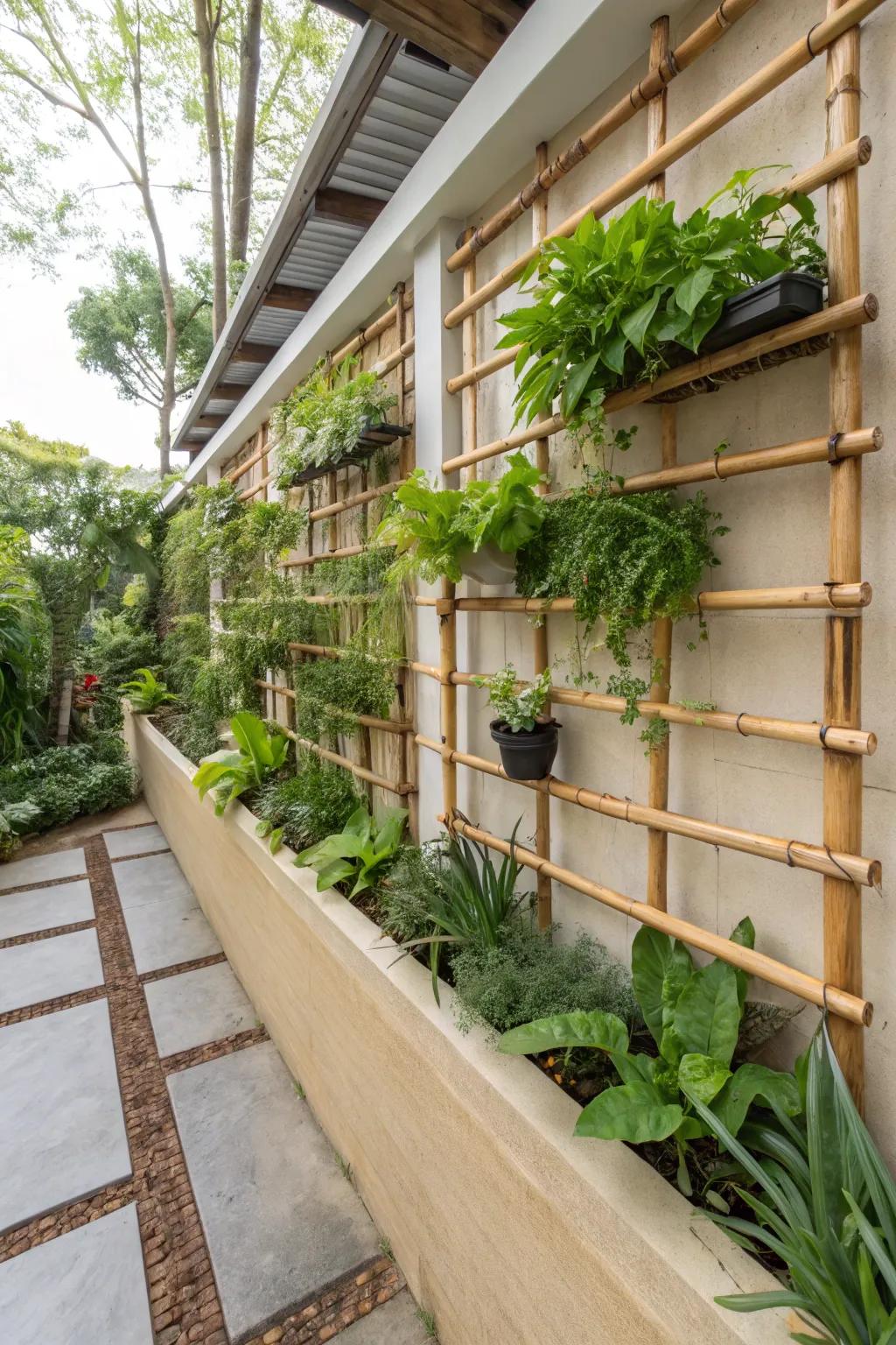 An upright garden with bamboo, adding lush greenery to small spaces.