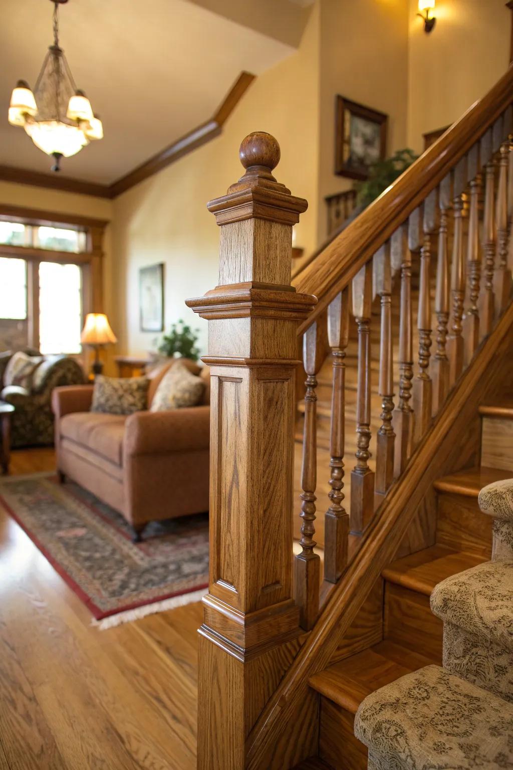 Ageless grace through a timeless wood staircase rail.