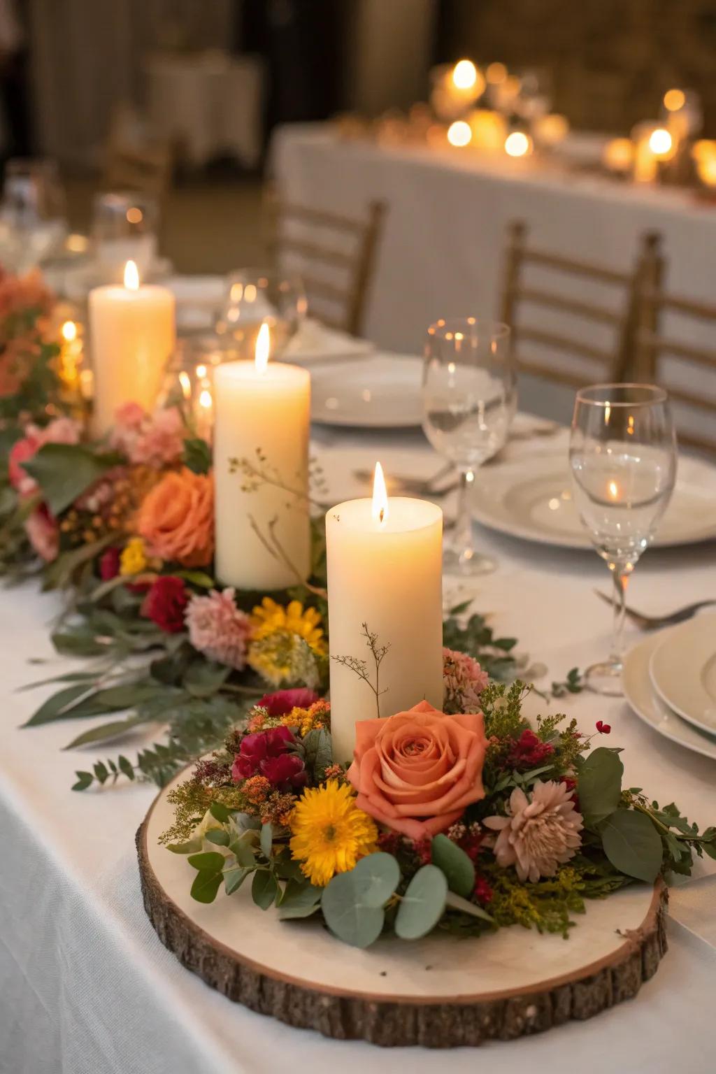 Candles artfully arranged within floral displays to cast a warm, inviting glow.
