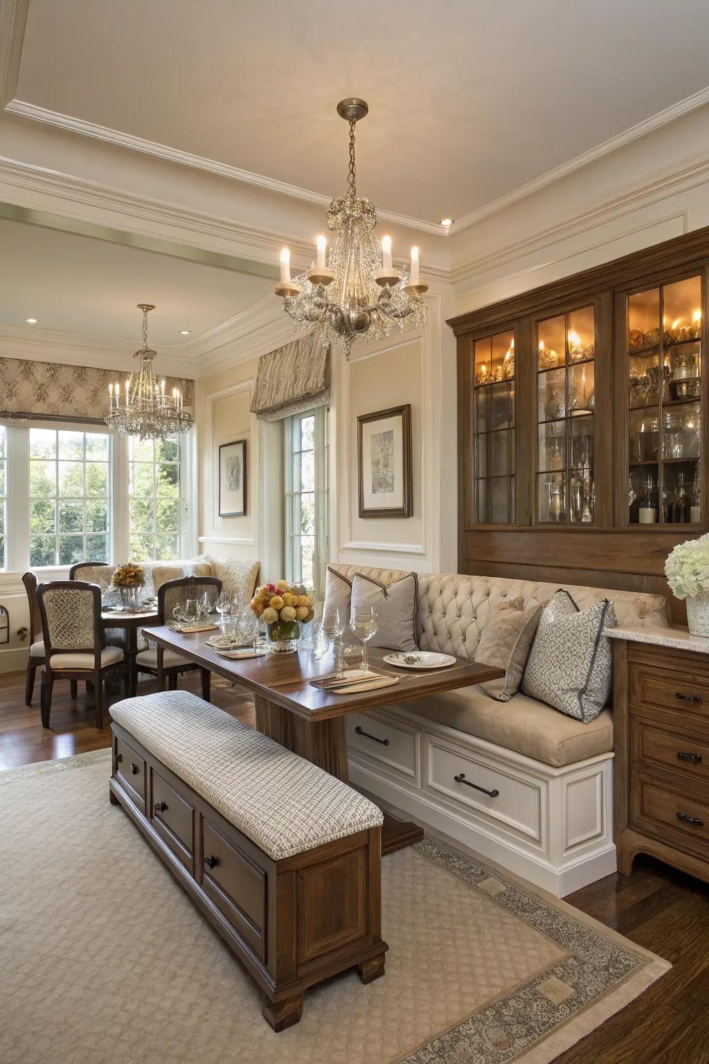 Banquette seating featuring smart integrated storage, combining style and practicality.