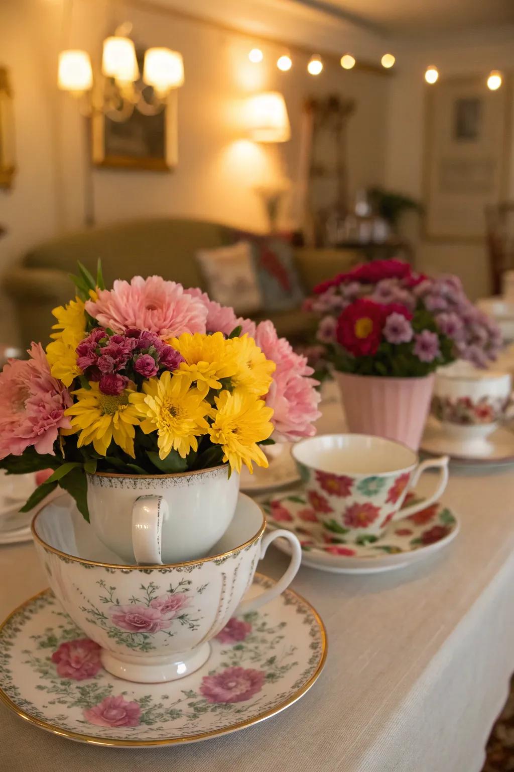 Vintage teacups contribute an elegant detail to any baptismal environment.