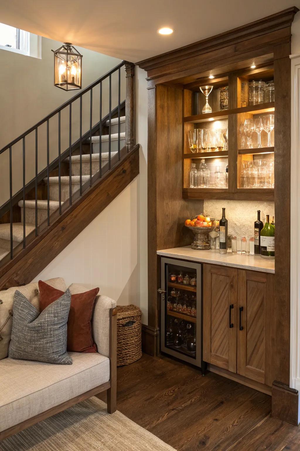 Ingenious utilization of space featuring a bar cabinet fitted neatly under the stairs.