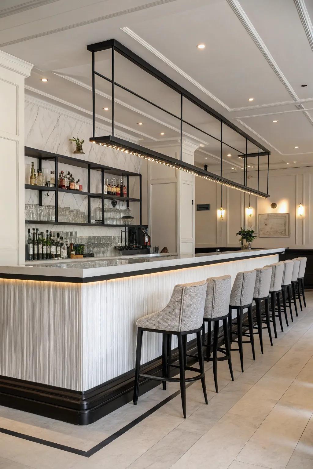 A matte black foot rail lends a sleek, contemporary accent.