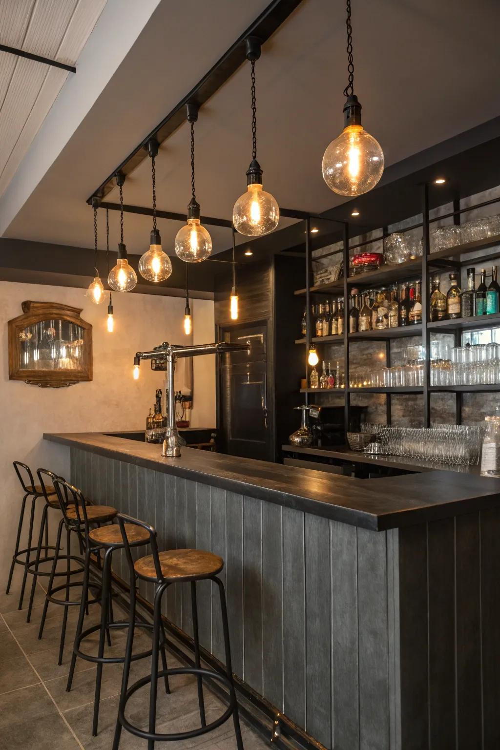 Industrial lighting, complete with exposed bulbs, enriches the bar’s character.