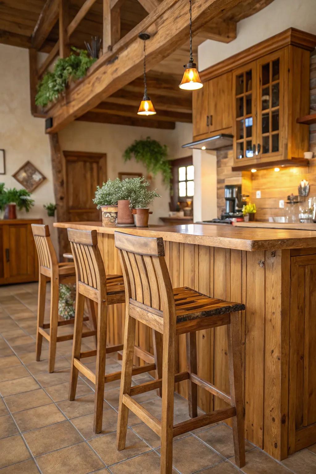 Wooden bar stools with backs that bring a touch of rustic allure.