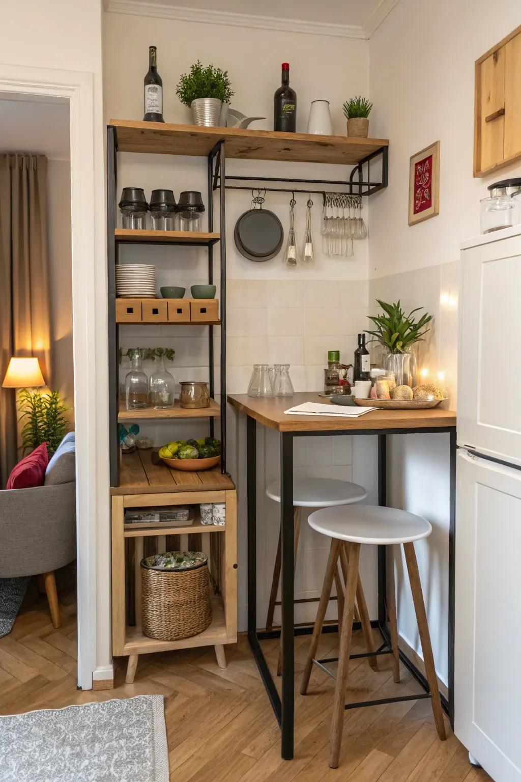 Ingenious bar table designed to save space with built-in storage.