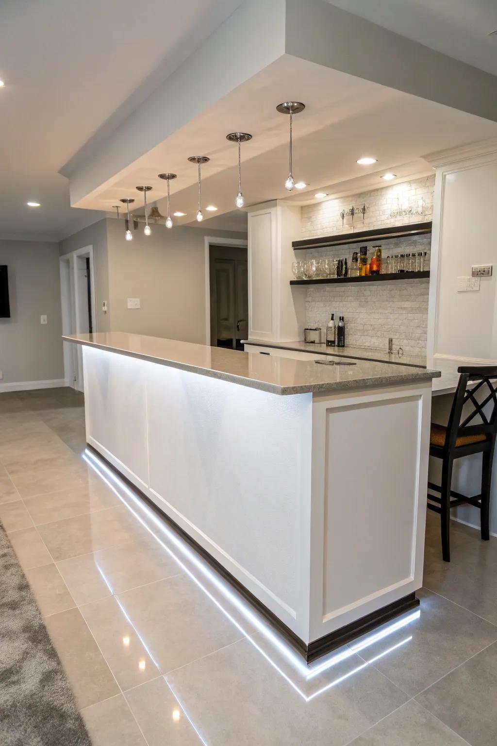 Minimalist design featuring a streamlined, glossy bar counter.