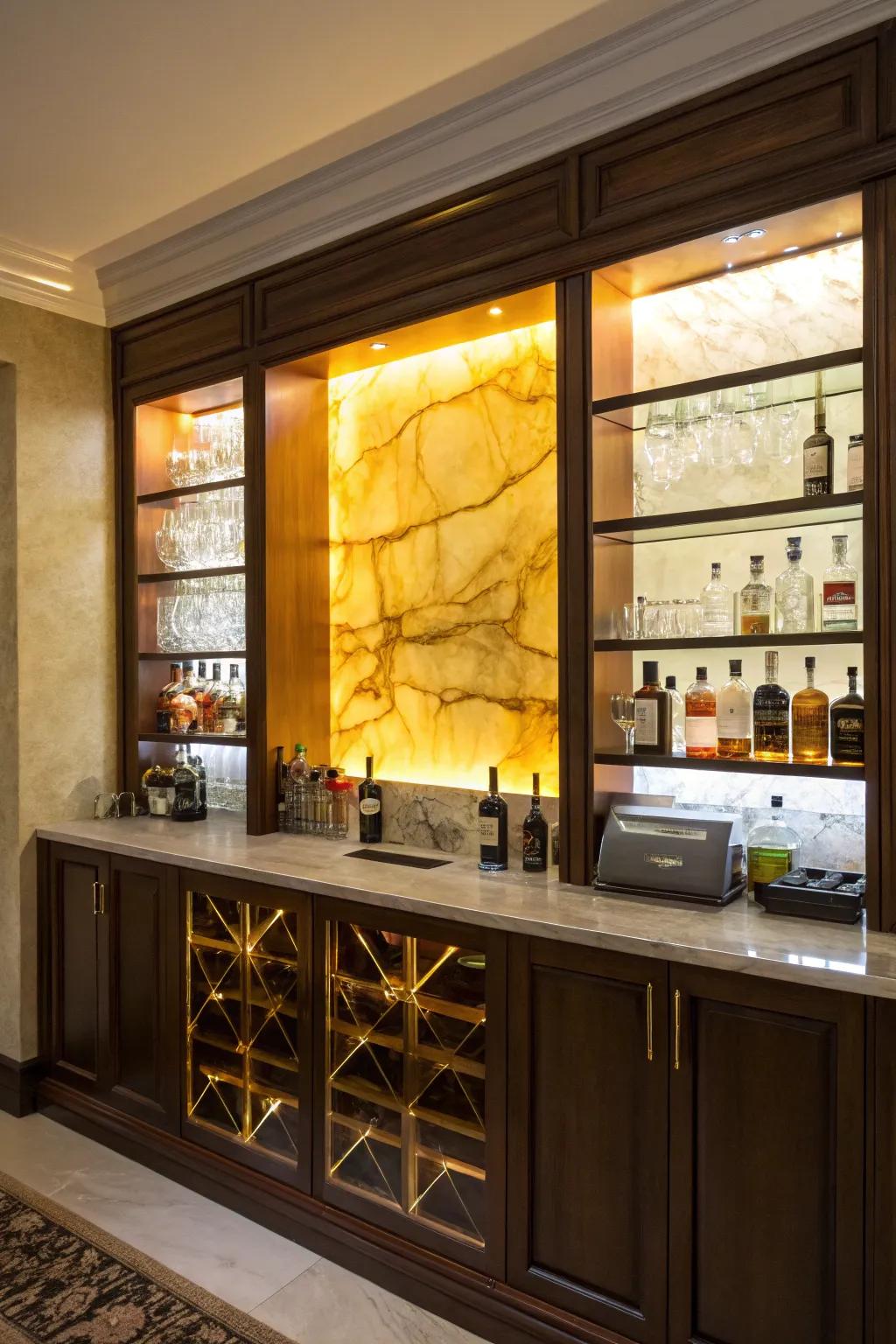 Bring in a hint of drama with an illuminated stone veneer wall that beautifully brightens your bar.