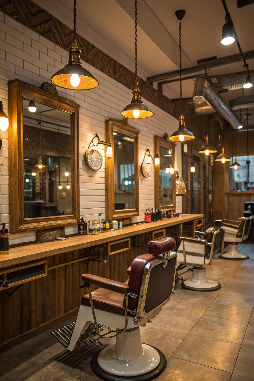 Barbershop featuring old-fashioned industrial suspended lamps.