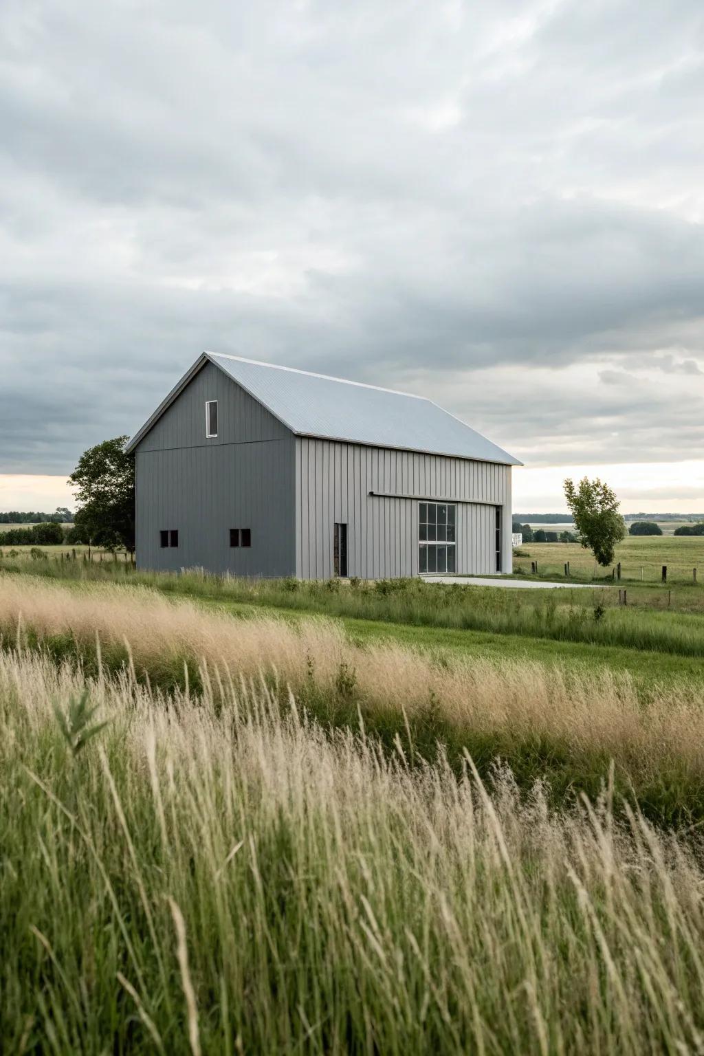 A modern gray barn displaying clean lines and a contemporary style.