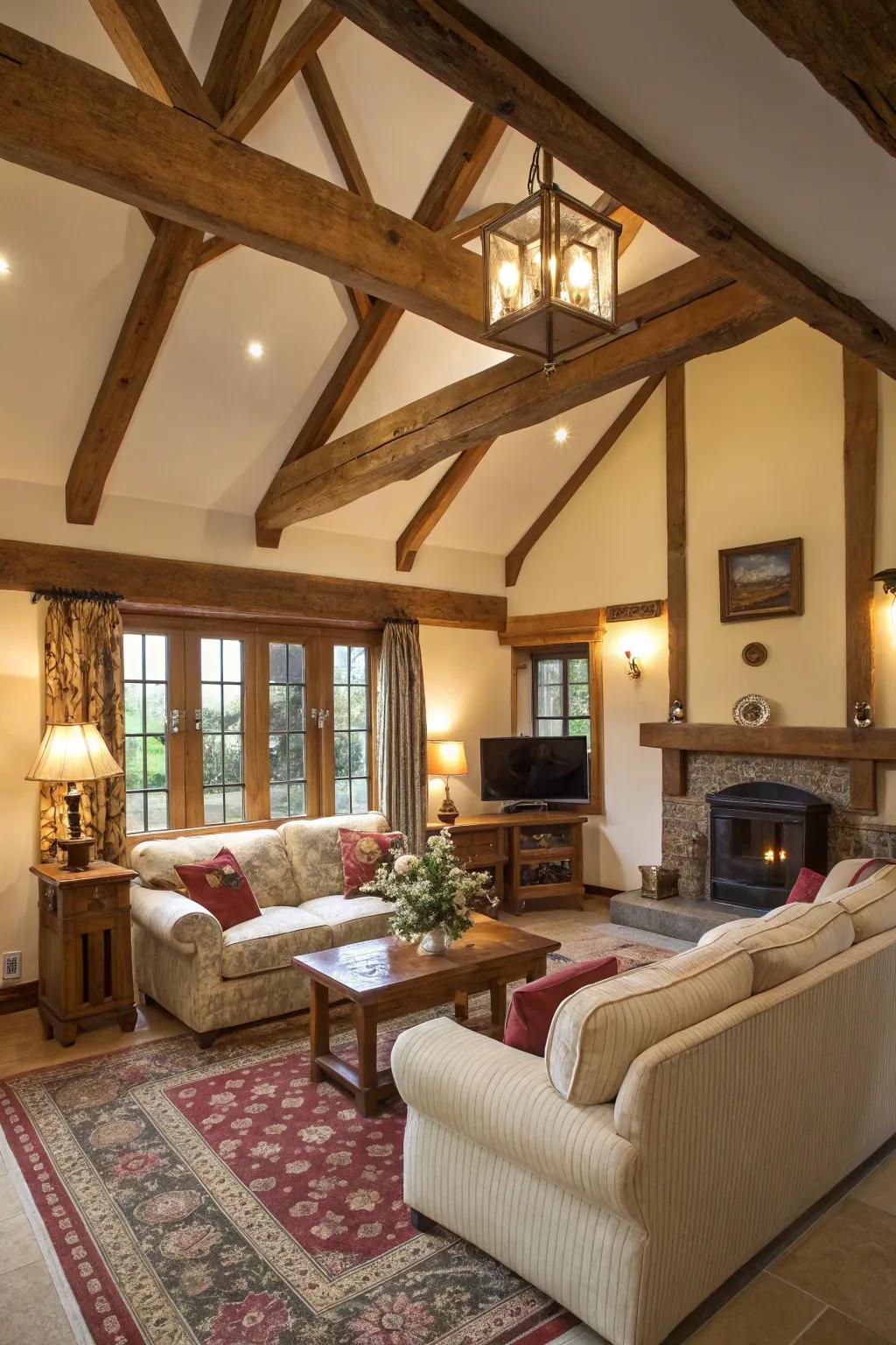 Exposed timbers introduce a country-inspired allure to modern rooms.