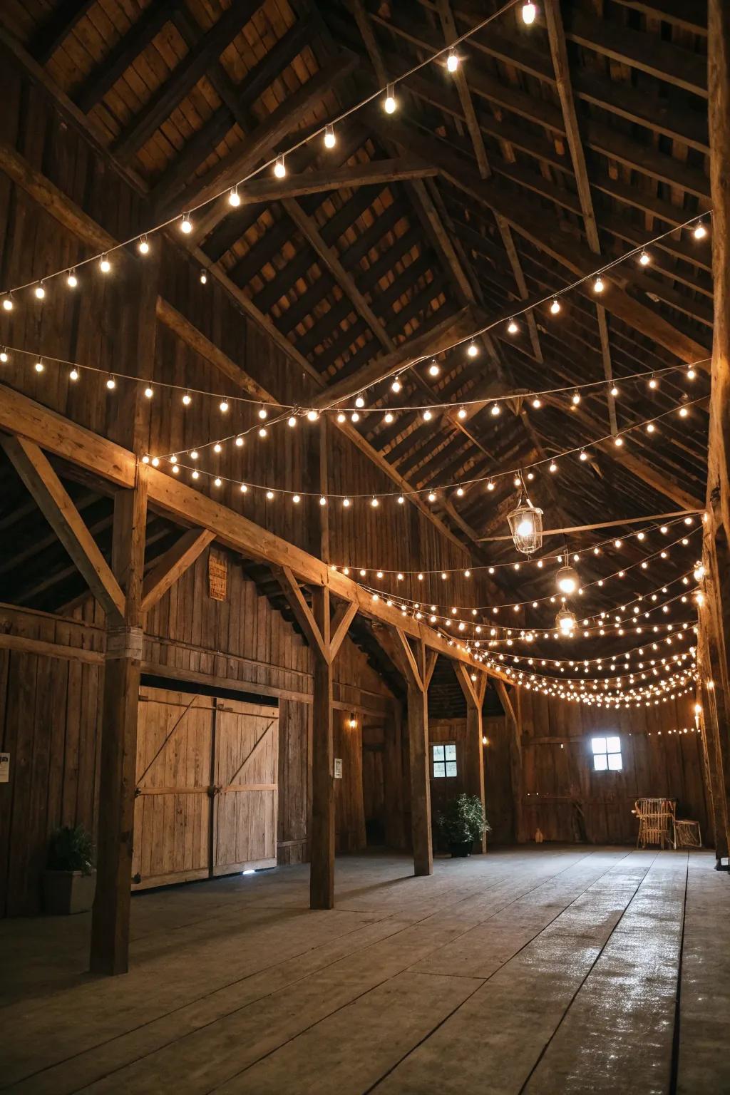 Twinkle lights bring a magical glow to the barn dance setting.