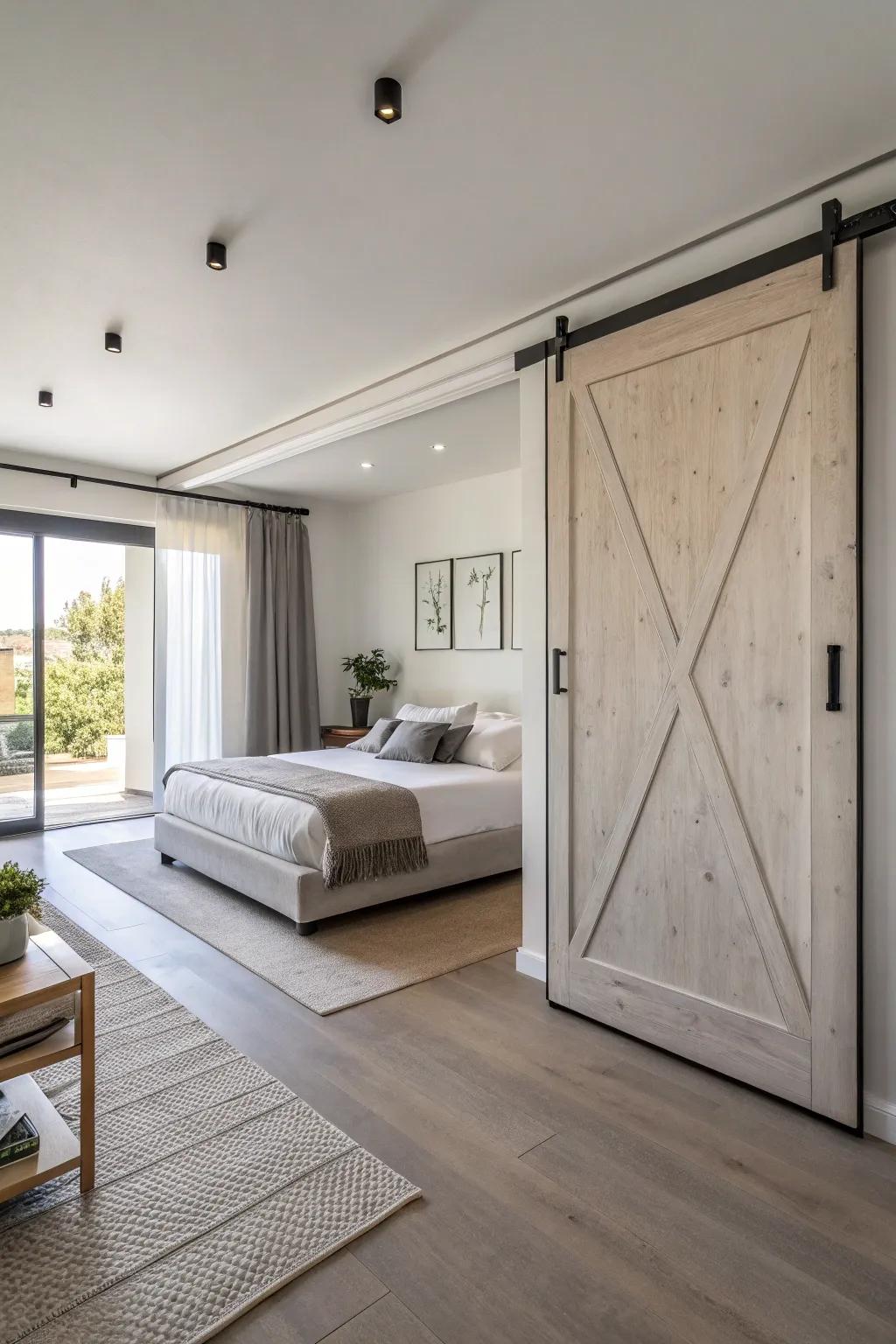 A simple bedroom featuring a polished barn door, representing modern sophistication.