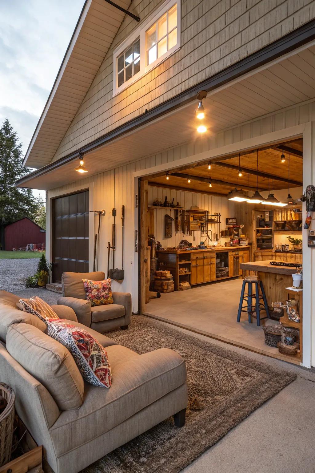 A snug sitting space and hobby corner transform this barn garage into one with many uses.