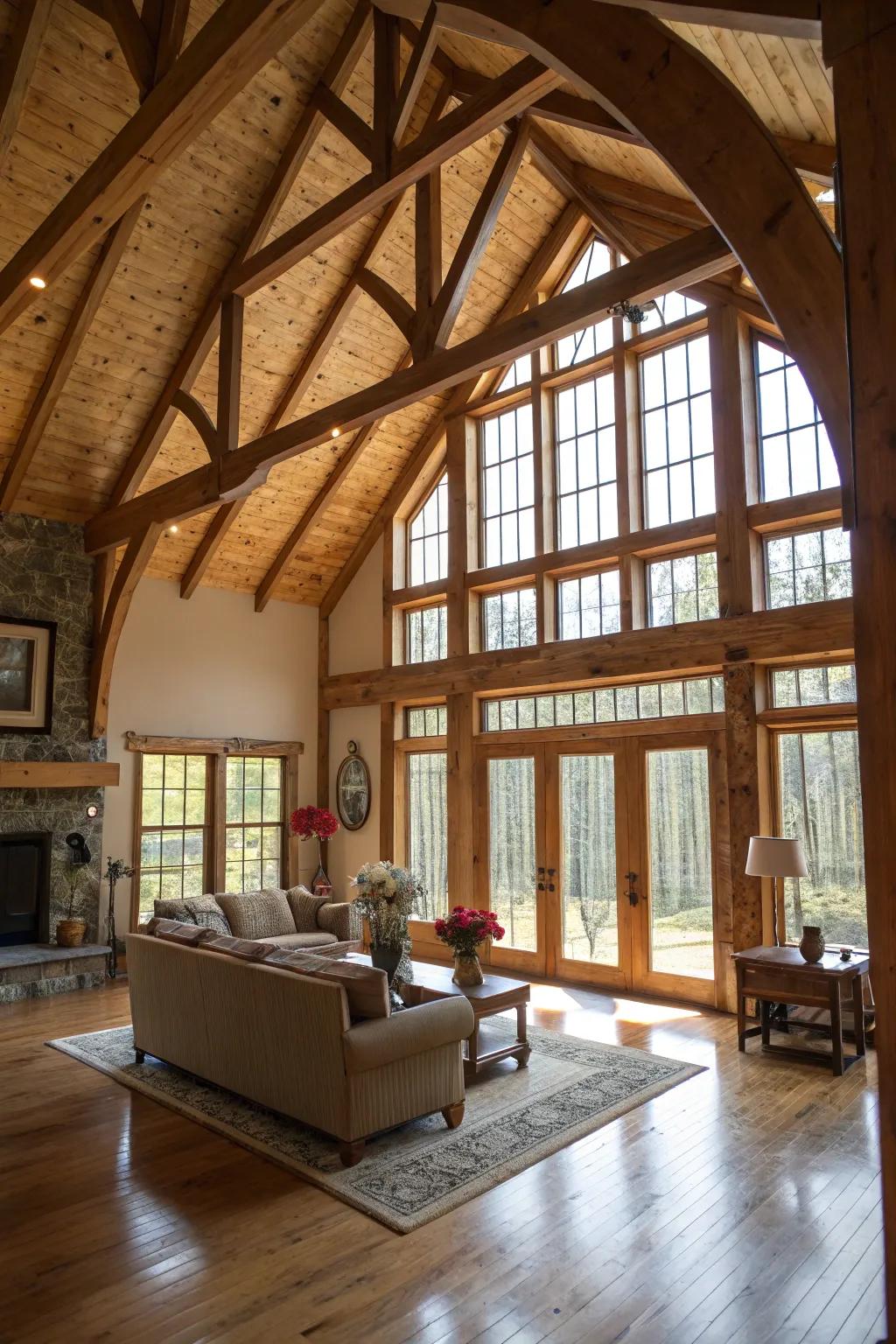 A living space with high vaulted ceilings, creating a spacious, airy ambiance.