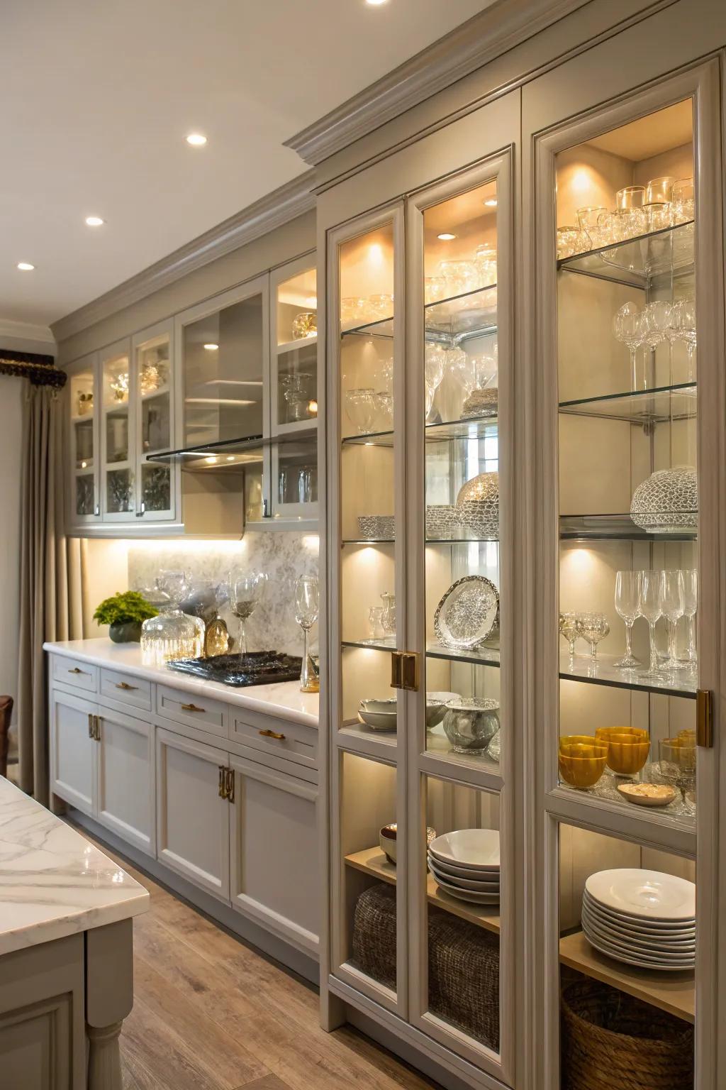 Glass front cabinets enhance elegance and display beautiful dishware.