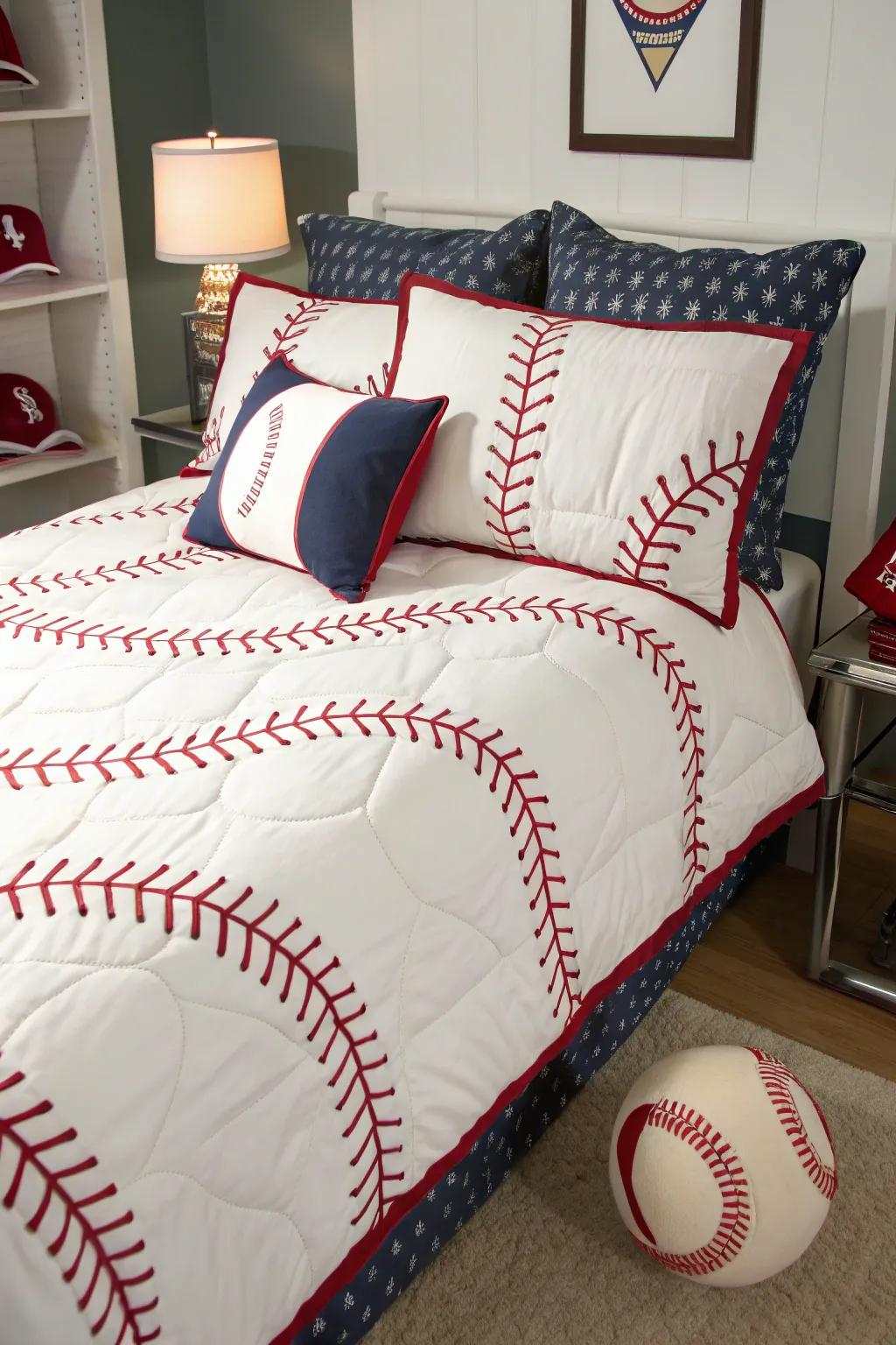 Baseball-themed bedding gives a cozy and energetic feel to the room.