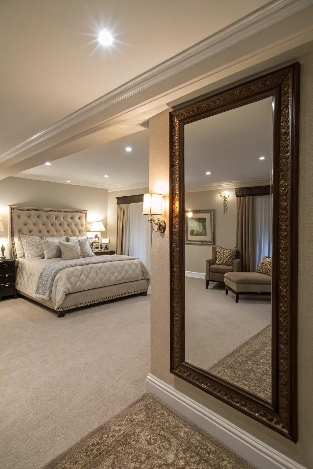 Mirrors can significantly enhance the perception of space and light in rooms lacking windows.