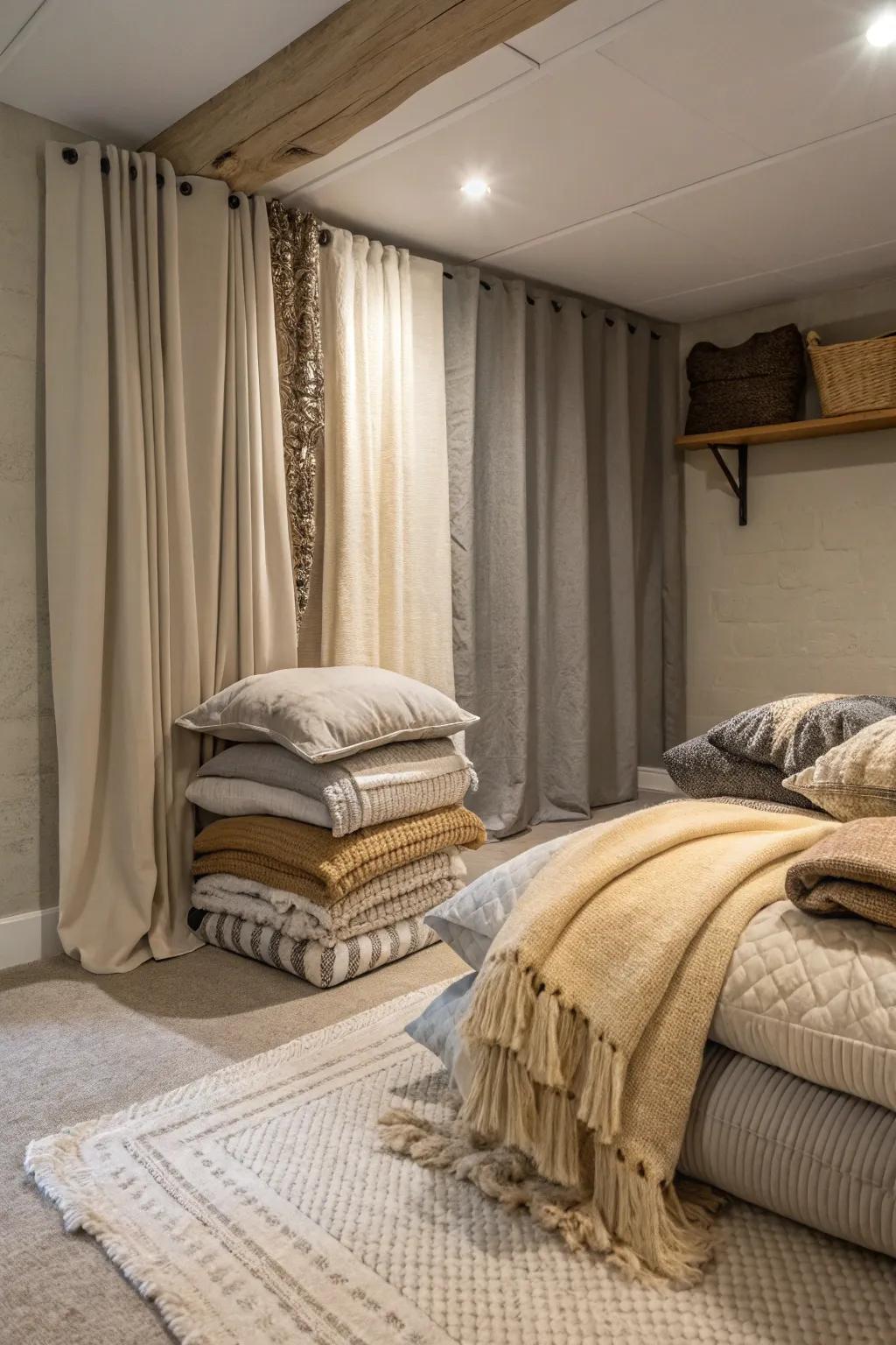Layered soft furnishings in gentle hues fashion a snug haven in this basement bedroom.