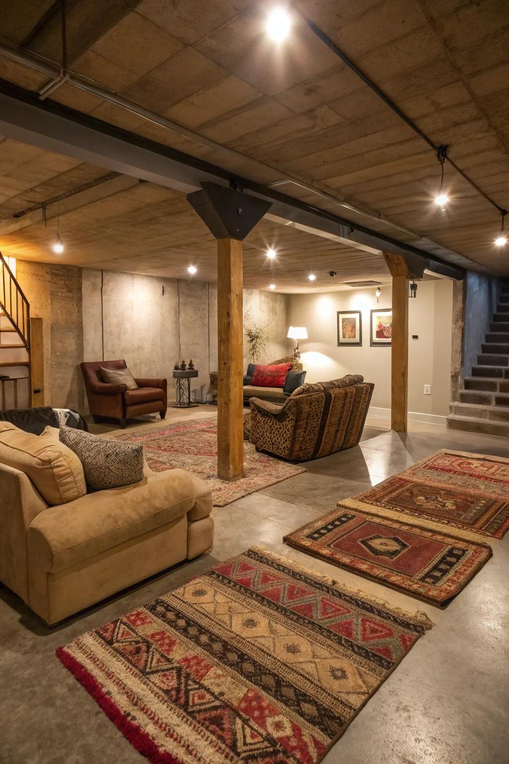 A basement with concrete floors and layered carpets radiates warmth and individuality.