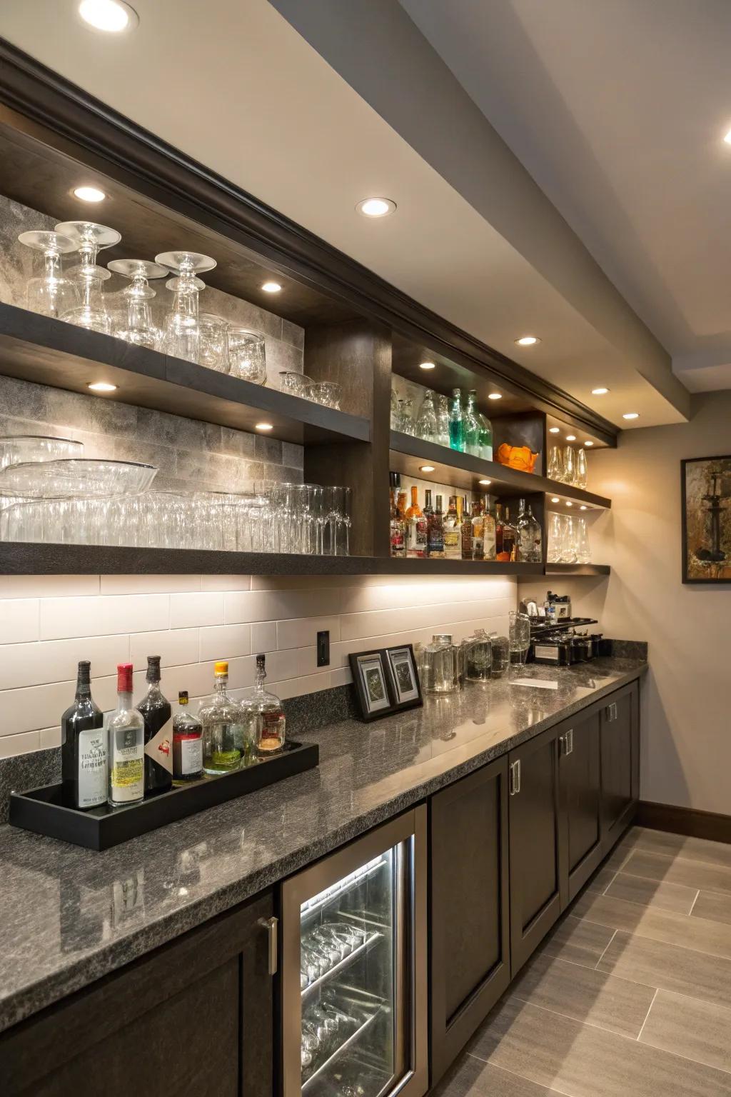 Wall-mounted shelves bring a modern elegance to any bar area.