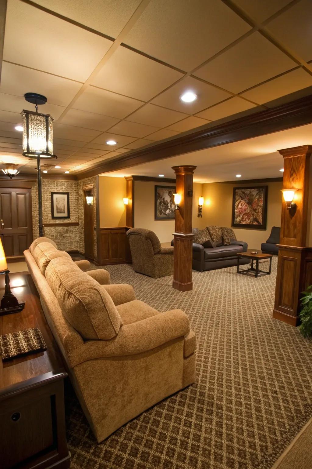 Carpet squares add a sense of warmth and comfort to your basement.