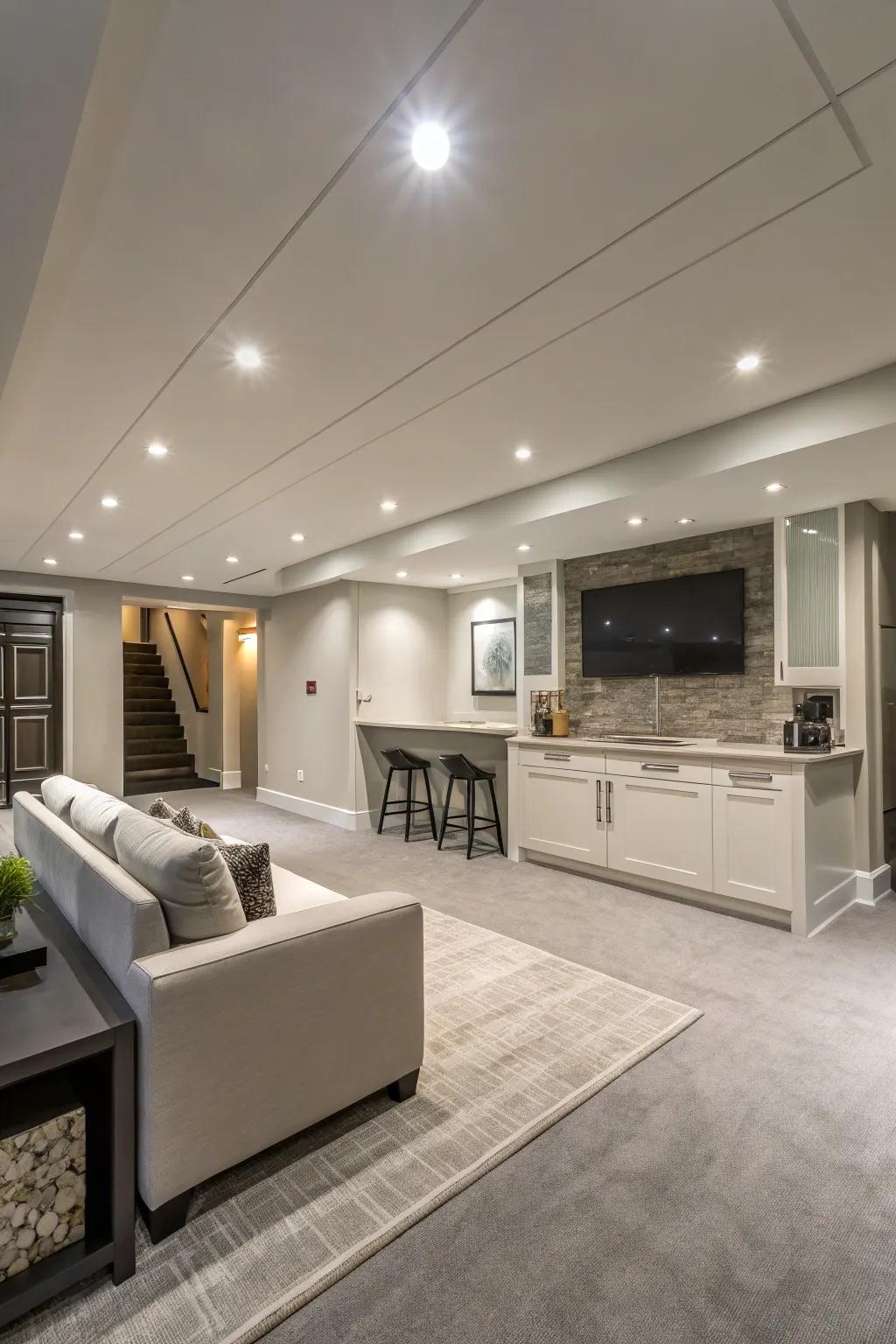 Recessed lighting ensures your basement remains spacious and well-lit.
