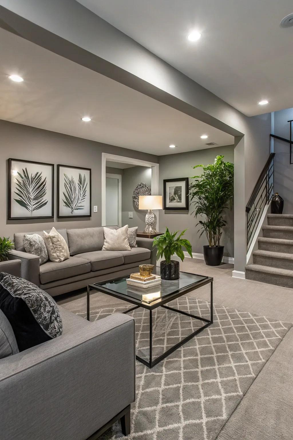 Delicate gray walls give a modern flair to this basement.