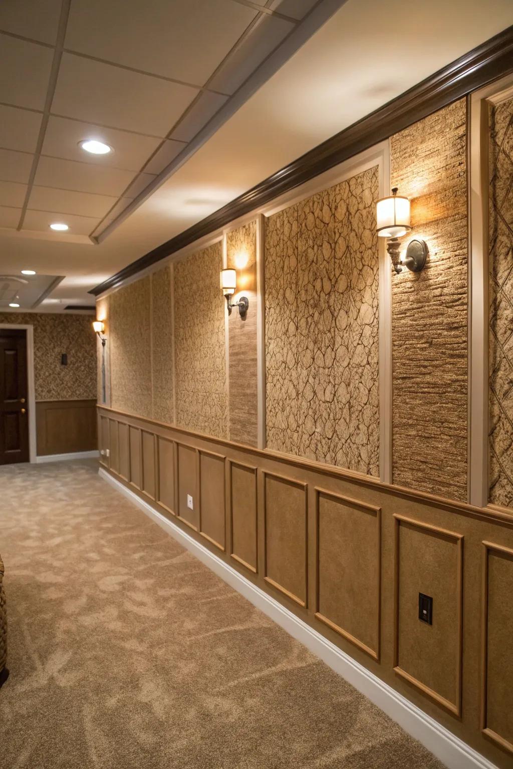 Textured panels introduce depth and visual interest to basement walls.
