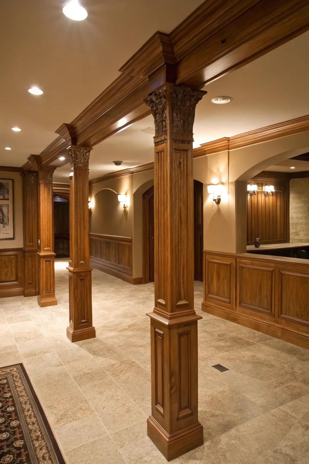 Classic wood trim and molding enhance the appearance of basement poles.
