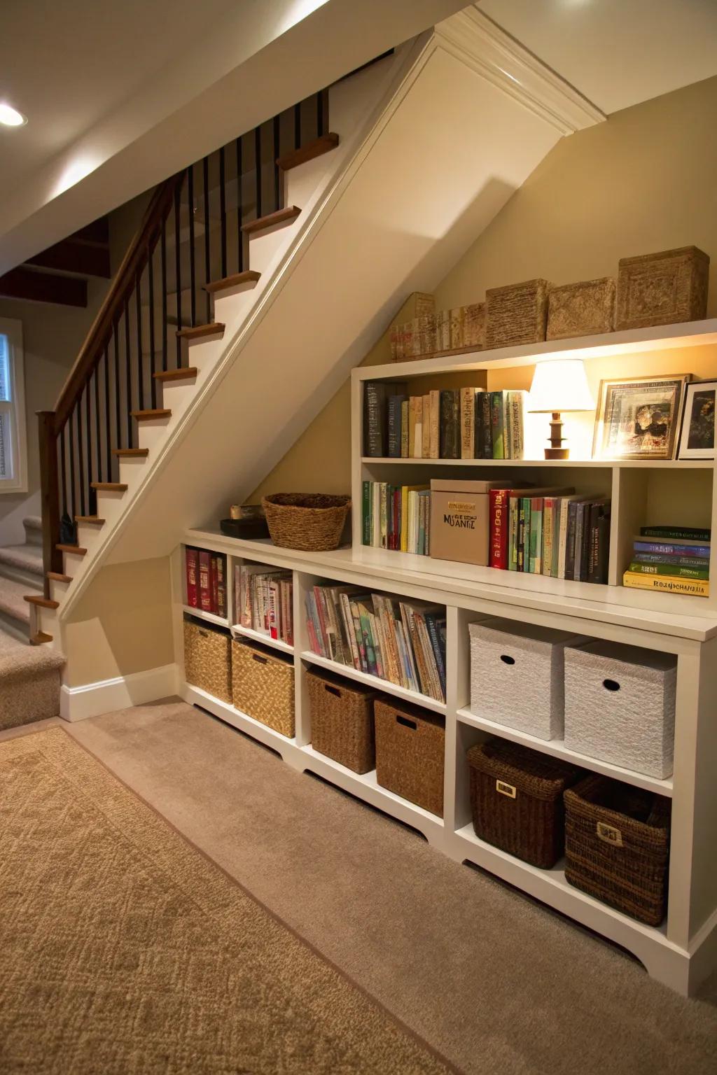 Custom shelving is the best way to make the most of the space beneath your stairs.