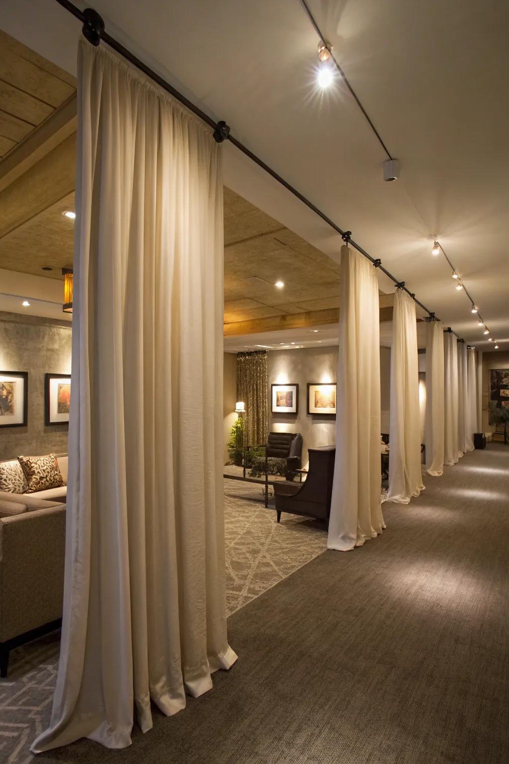 Floor-to-ceiling curtains add drama and height to any basement.