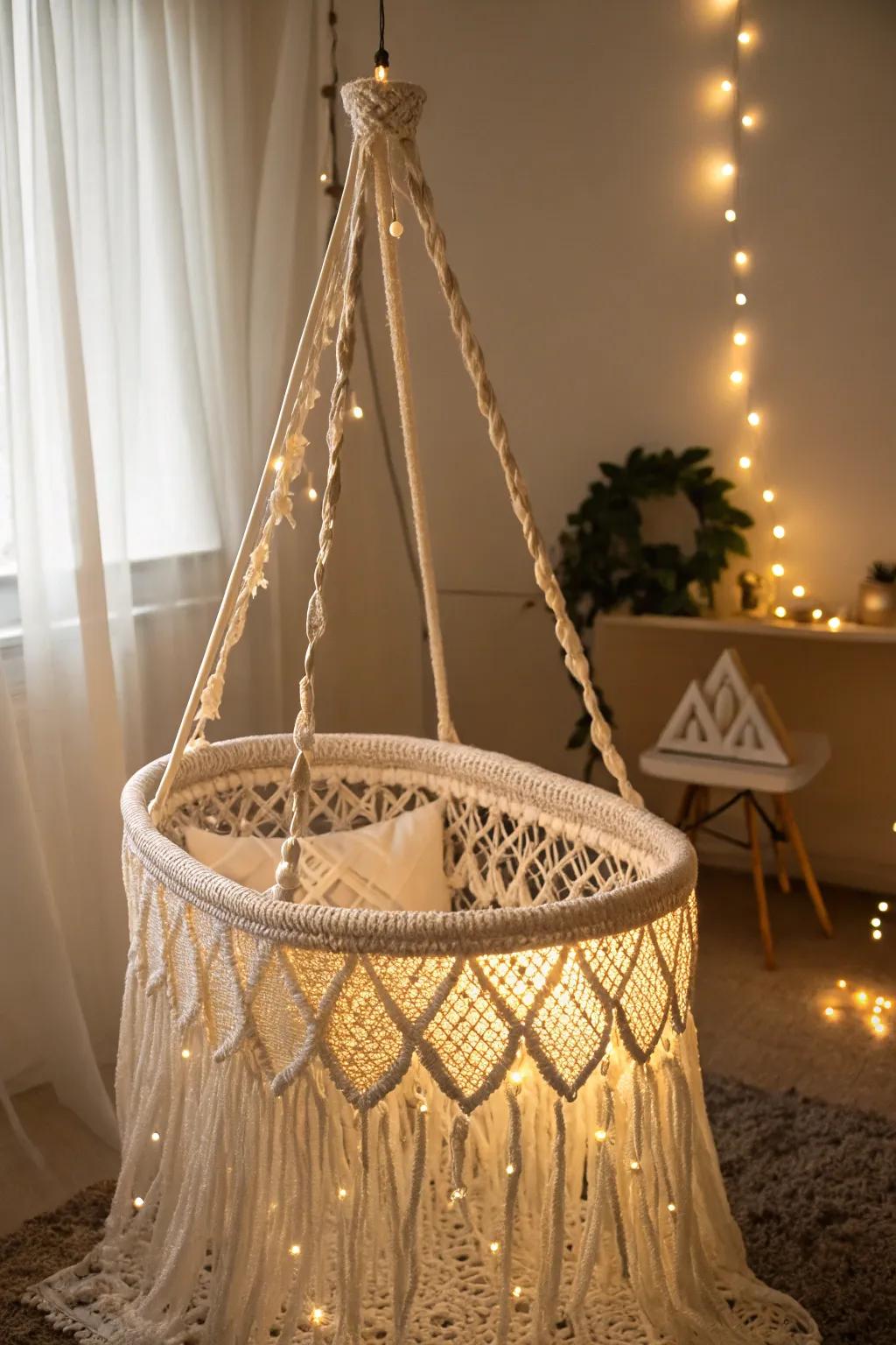 Bohemian allure with a macramé suspended bassinet.