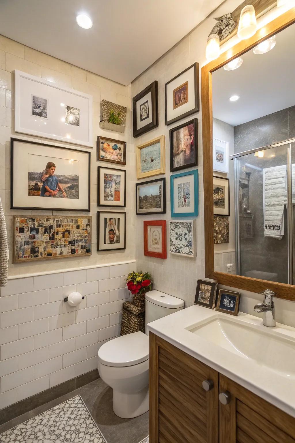A gallery-style display enlivens any bathroom with character and visual appeal.