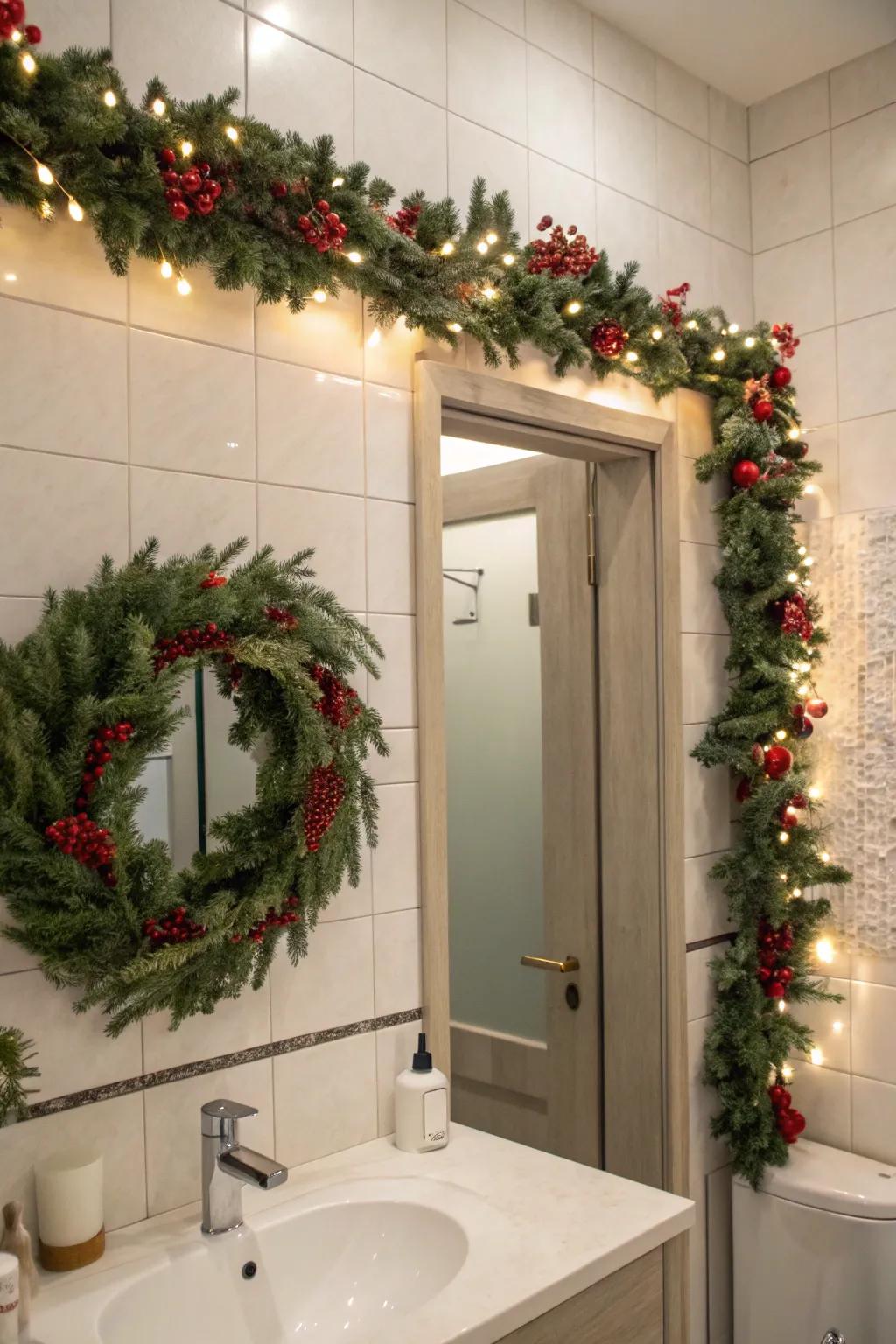 A holiday ring and greenery transform this bathroom into a comfortable holiday hideaway.