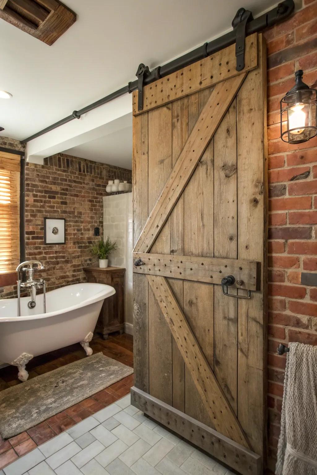 Country barn doors introduce coziness and charm to bathroom decorations.