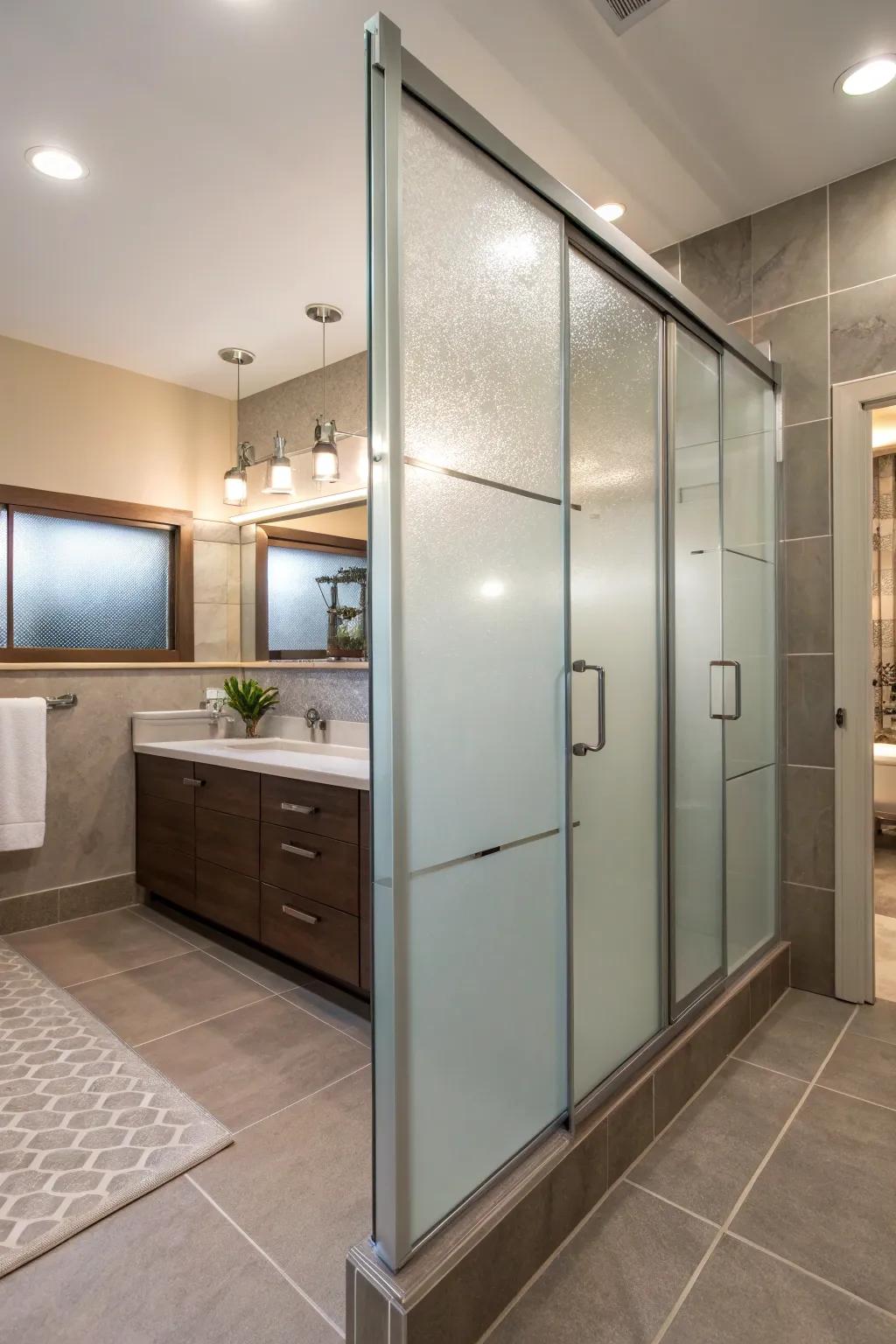 Frosted glass panels maintain privacy while ensuring a bright, open space.