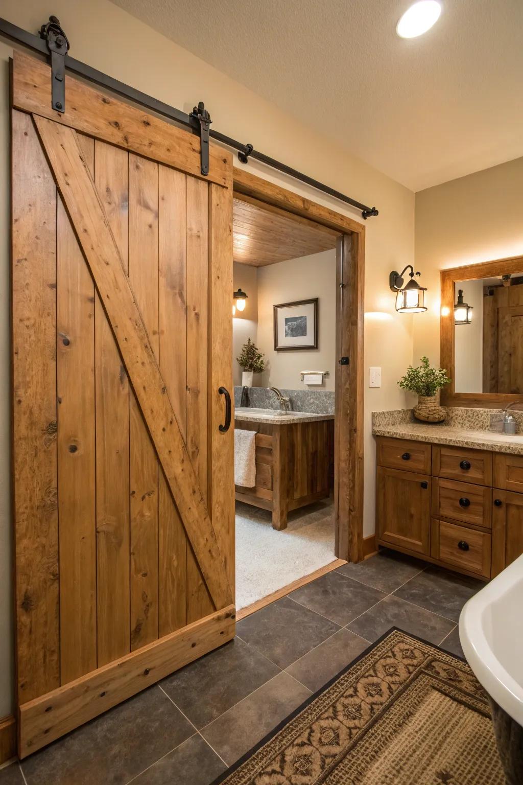 Country-Style sliding barn doors bring enduring charm to any bathroom.